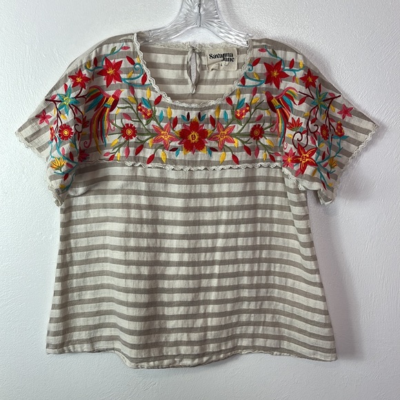 Savana Jane Womens Top Size L Tan Striped Colorful Embroidery Lace Trim Cropped - Picture 12 of 13